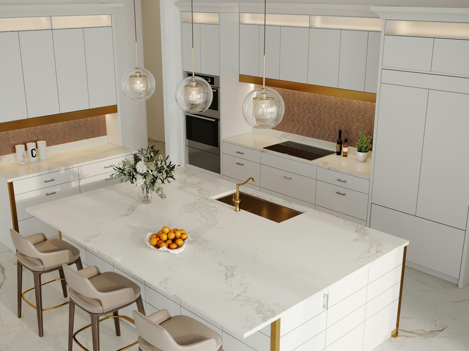 A kitchen with a center island and a sink
