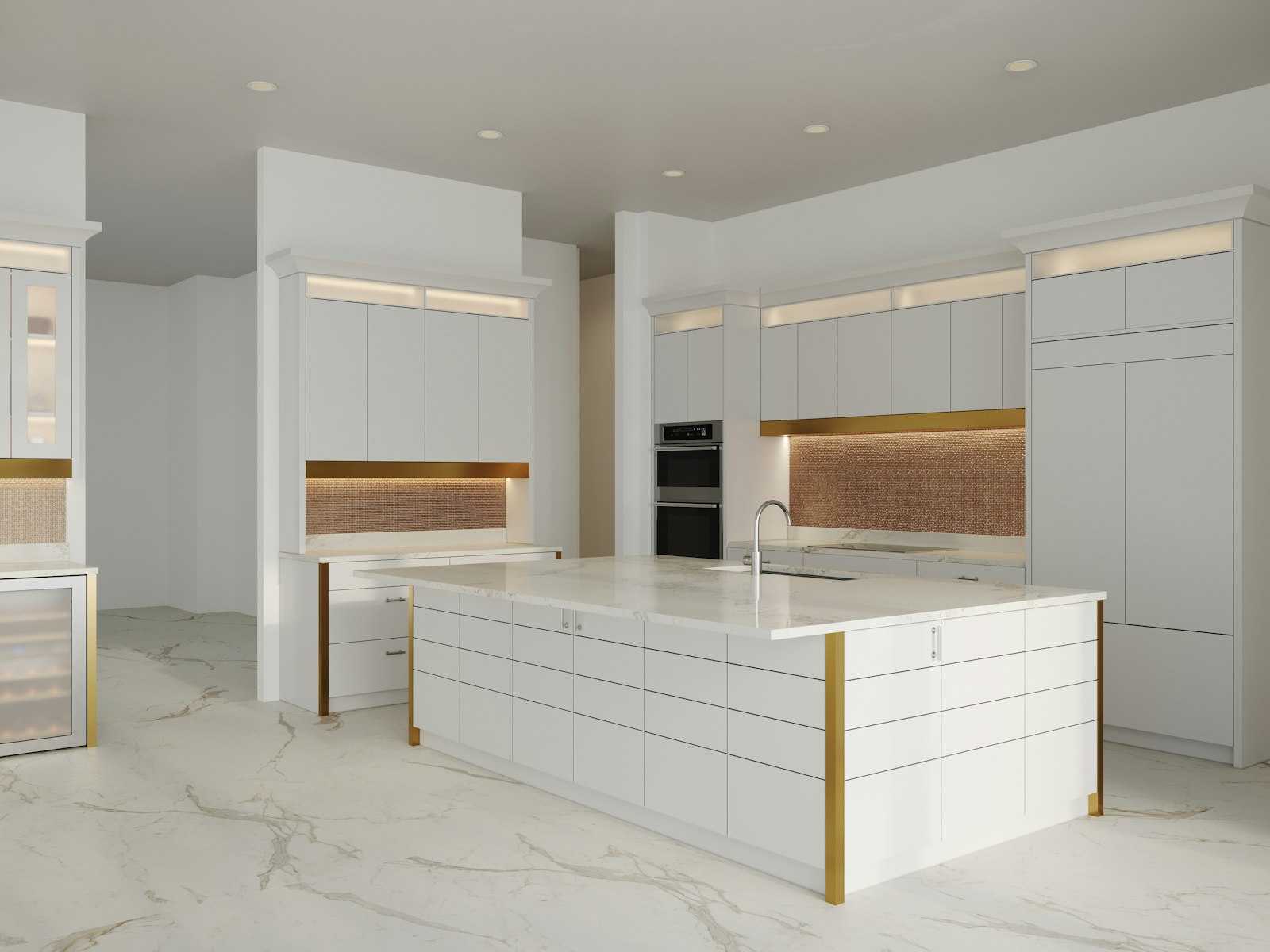 A kitchen with a marble counter top and white cabinets