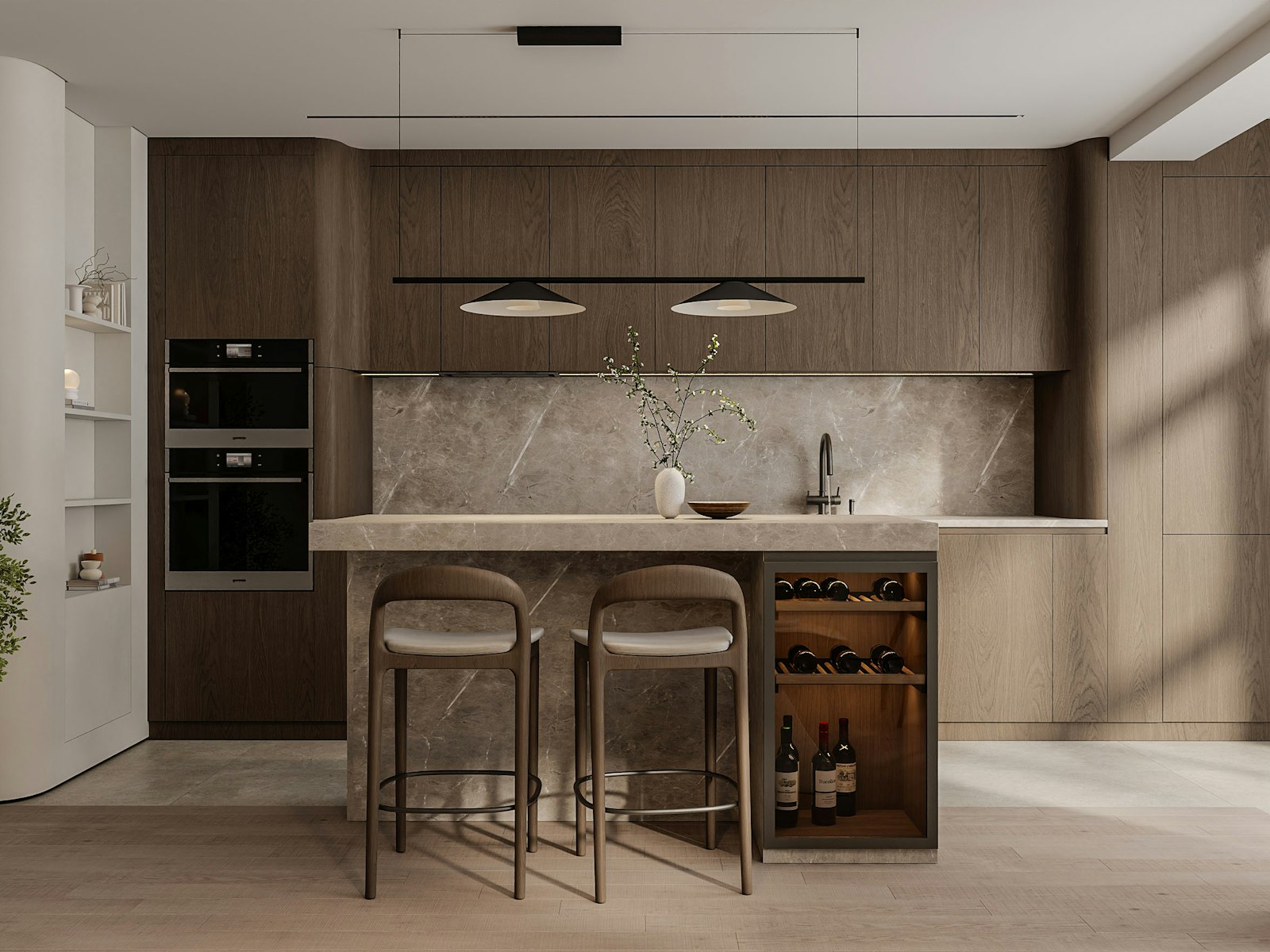 Contemporary kitchen with island, two stools, and wine storage