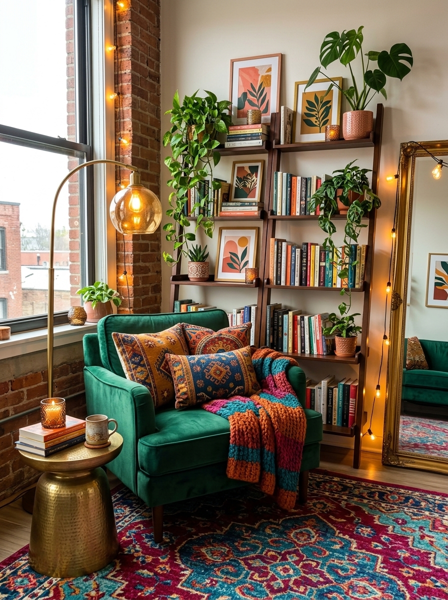Home library corner with built-in bookshelves, a green sofa and gallery wall