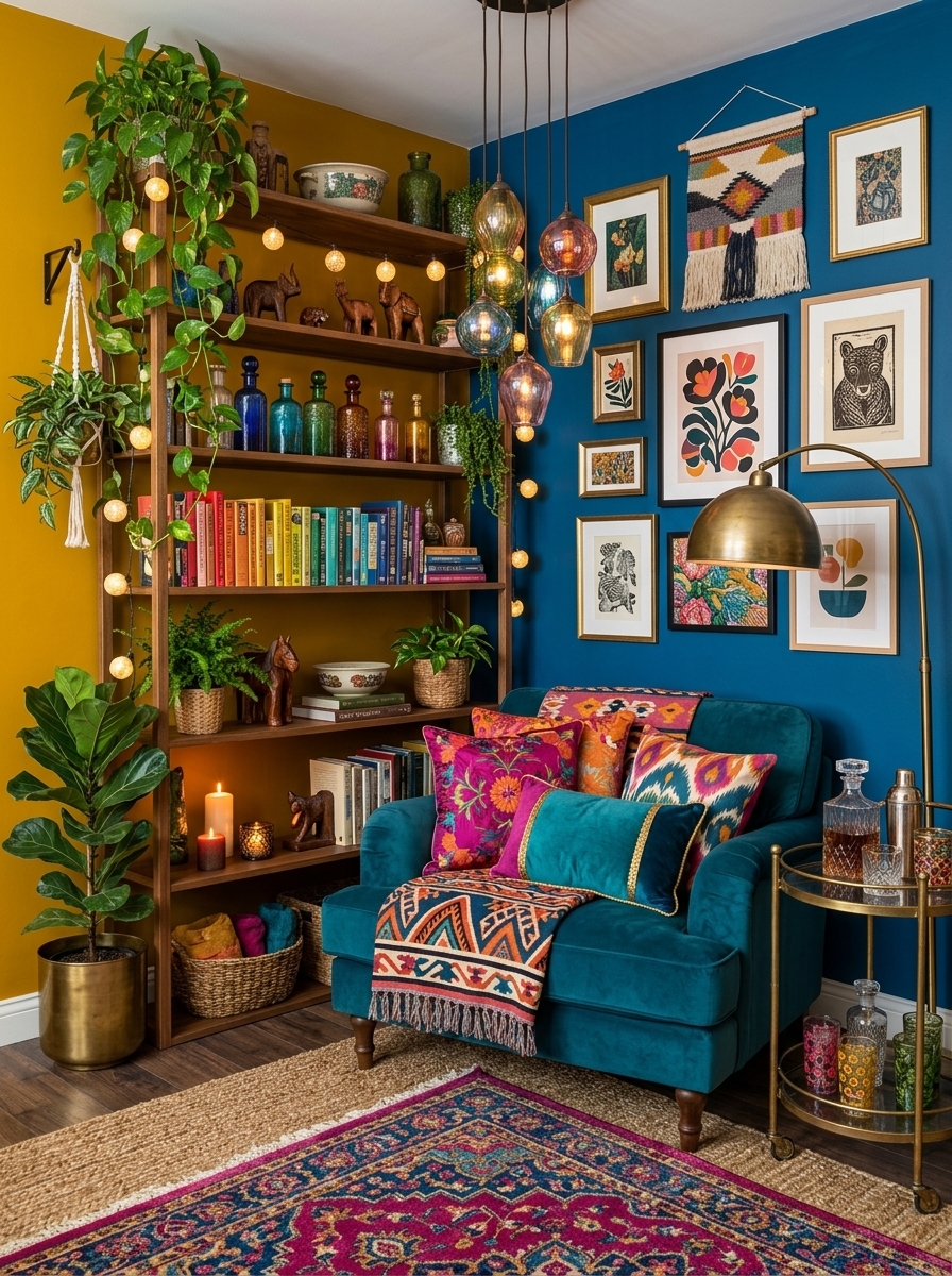 Living room shelving layered with books, ceramics, plants and warm lighting