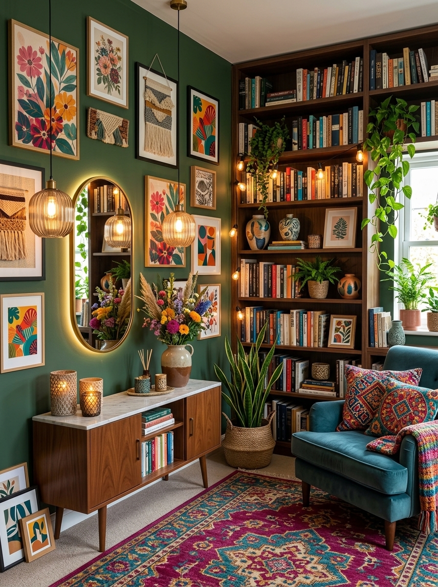 Home library wall with warm lamp light, books and a velvet reading chair
