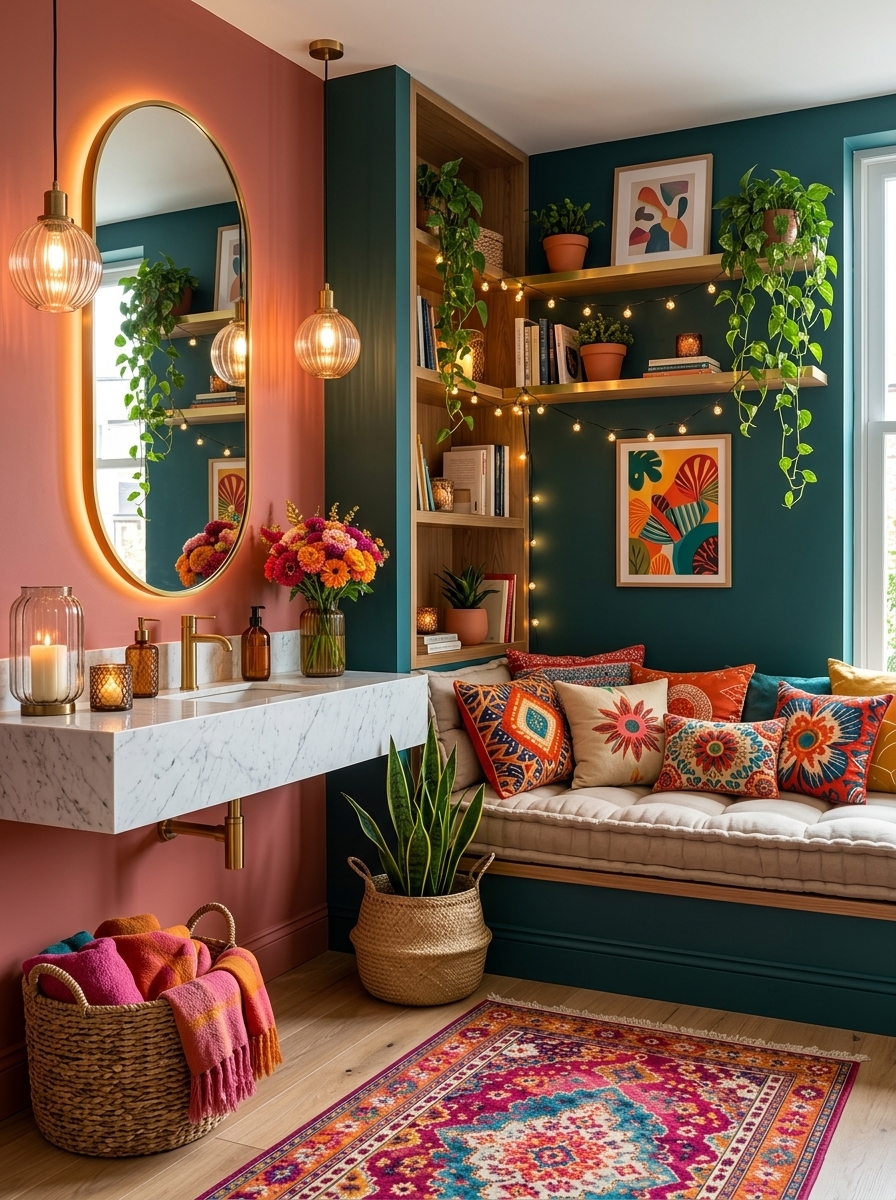 Floating shelves on a teal wall styled with plants, candles and an arched mirror