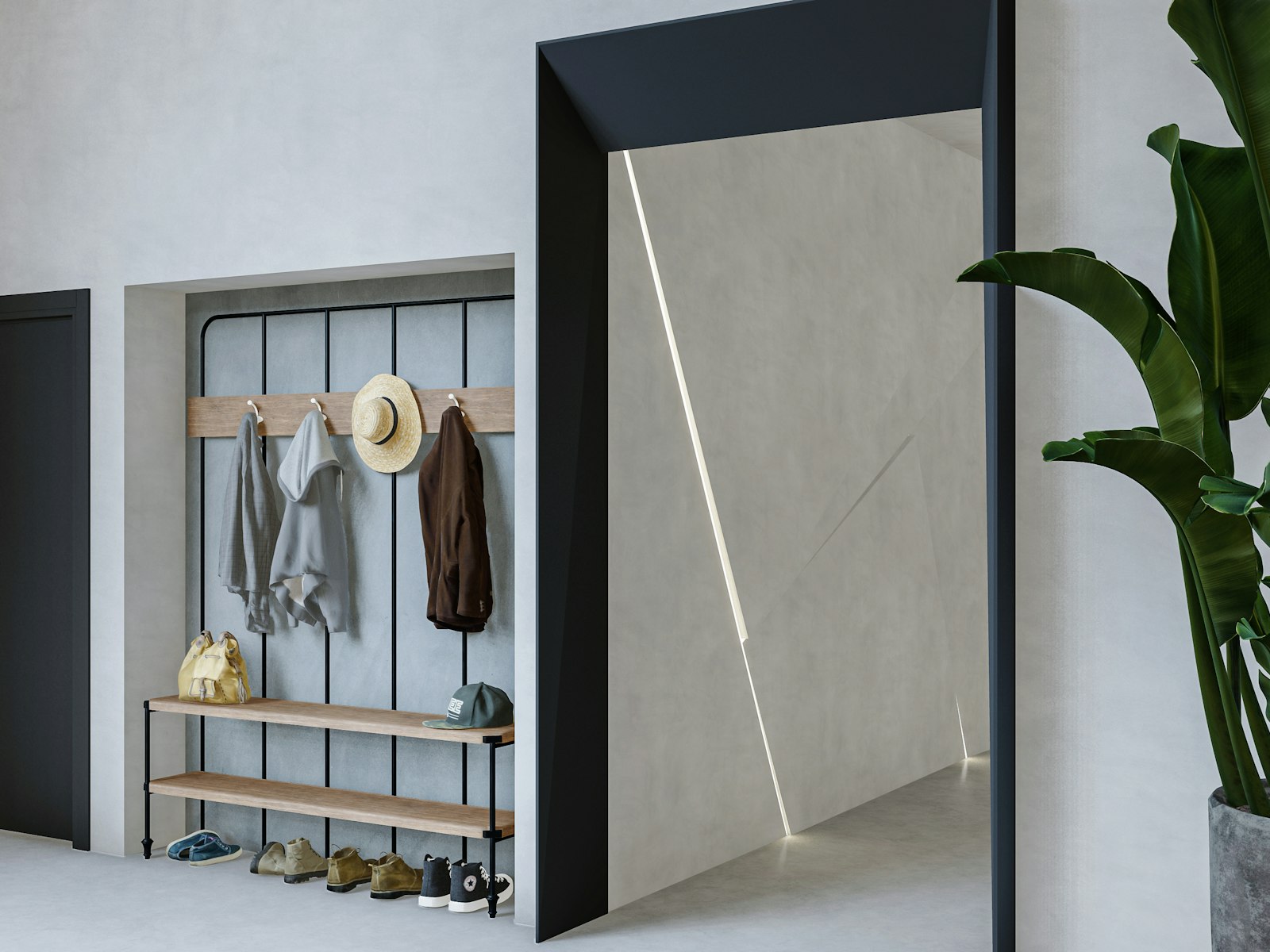 A room with a plant and a coat rack