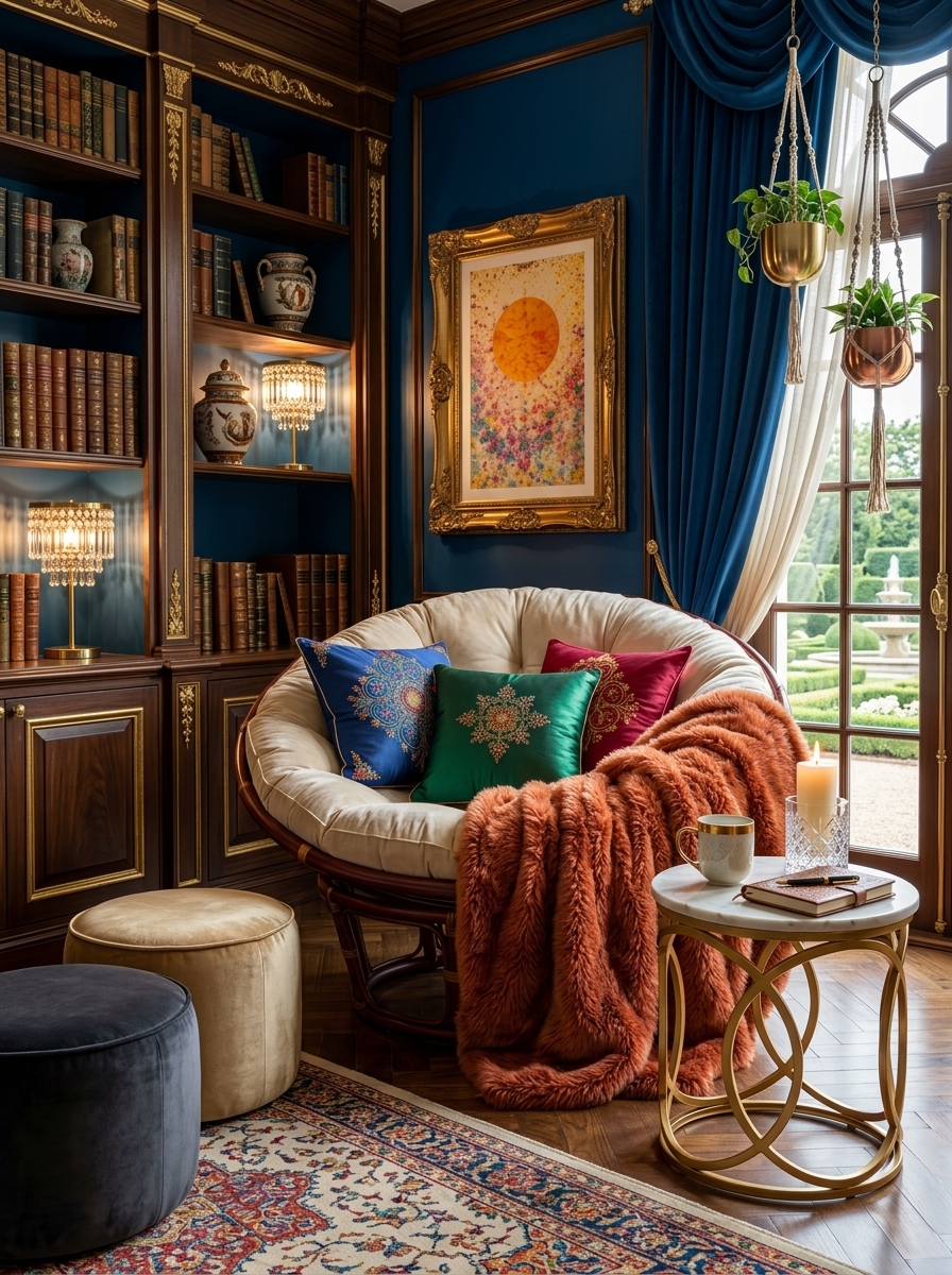 Cozy library seating with a round chair, throw blanket and side table