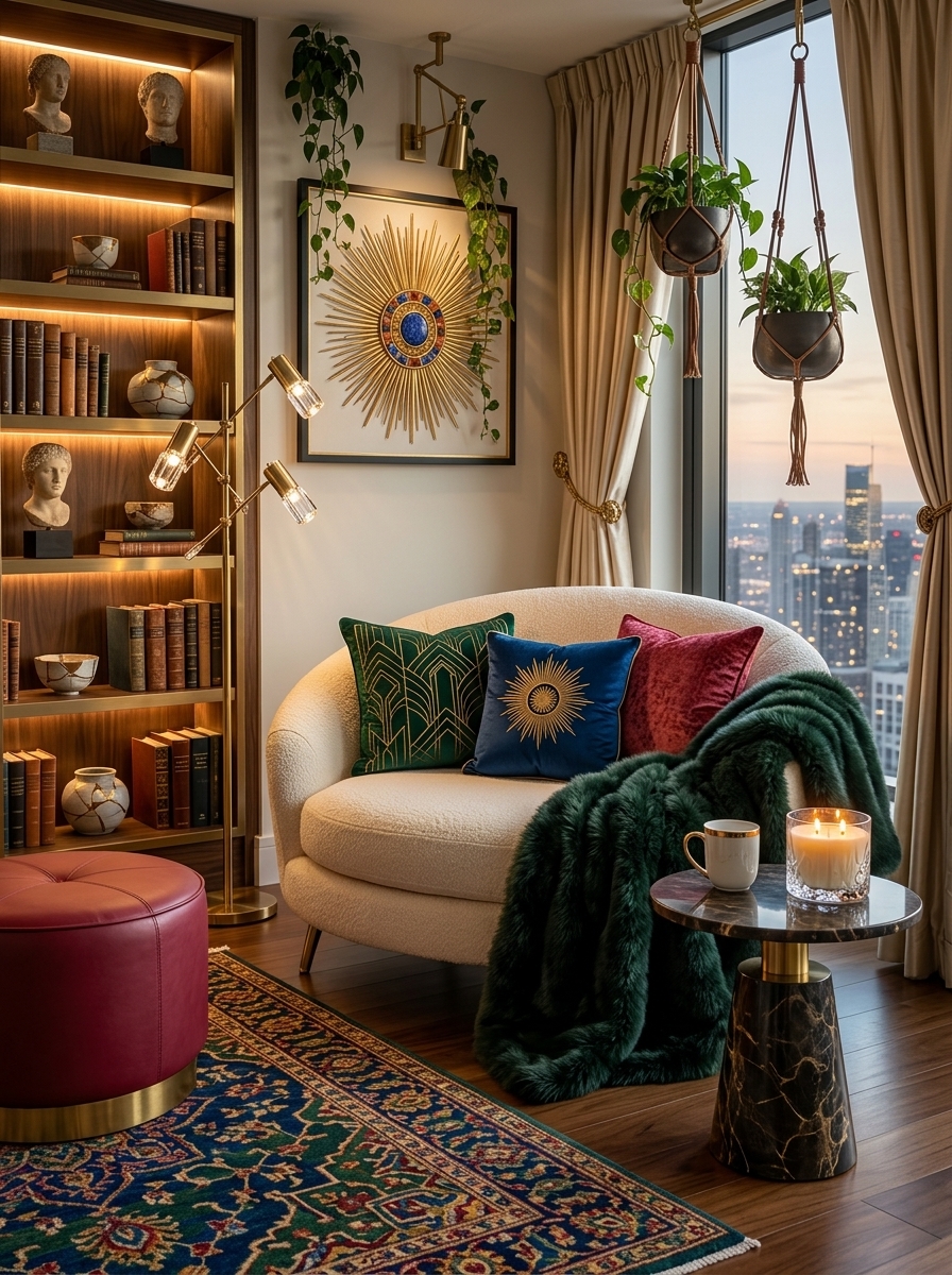 Built-in library shelves beside a round reading chair and city window