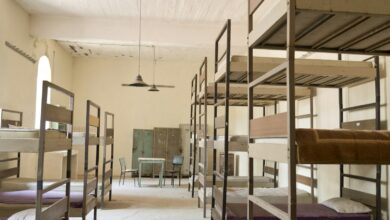 Bunk beds in a dimly lit room