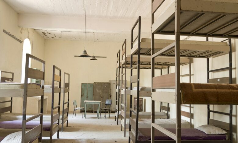 Bunk beds in a dimly lit room