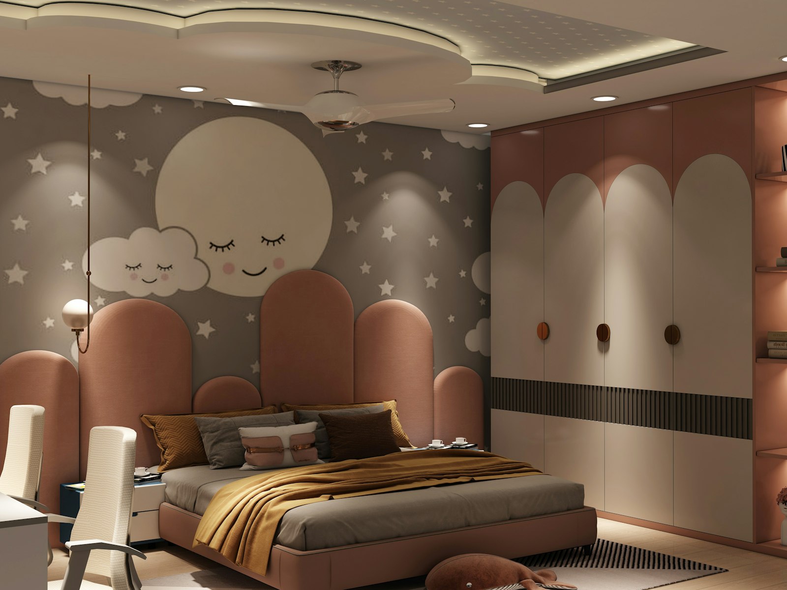 A bedroom with a large bed and a night stand
