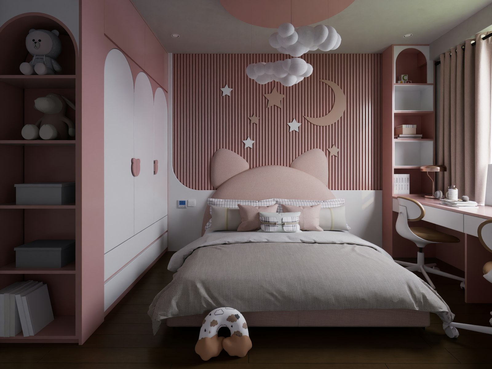 A child's bedroom with pink walls and white furniture