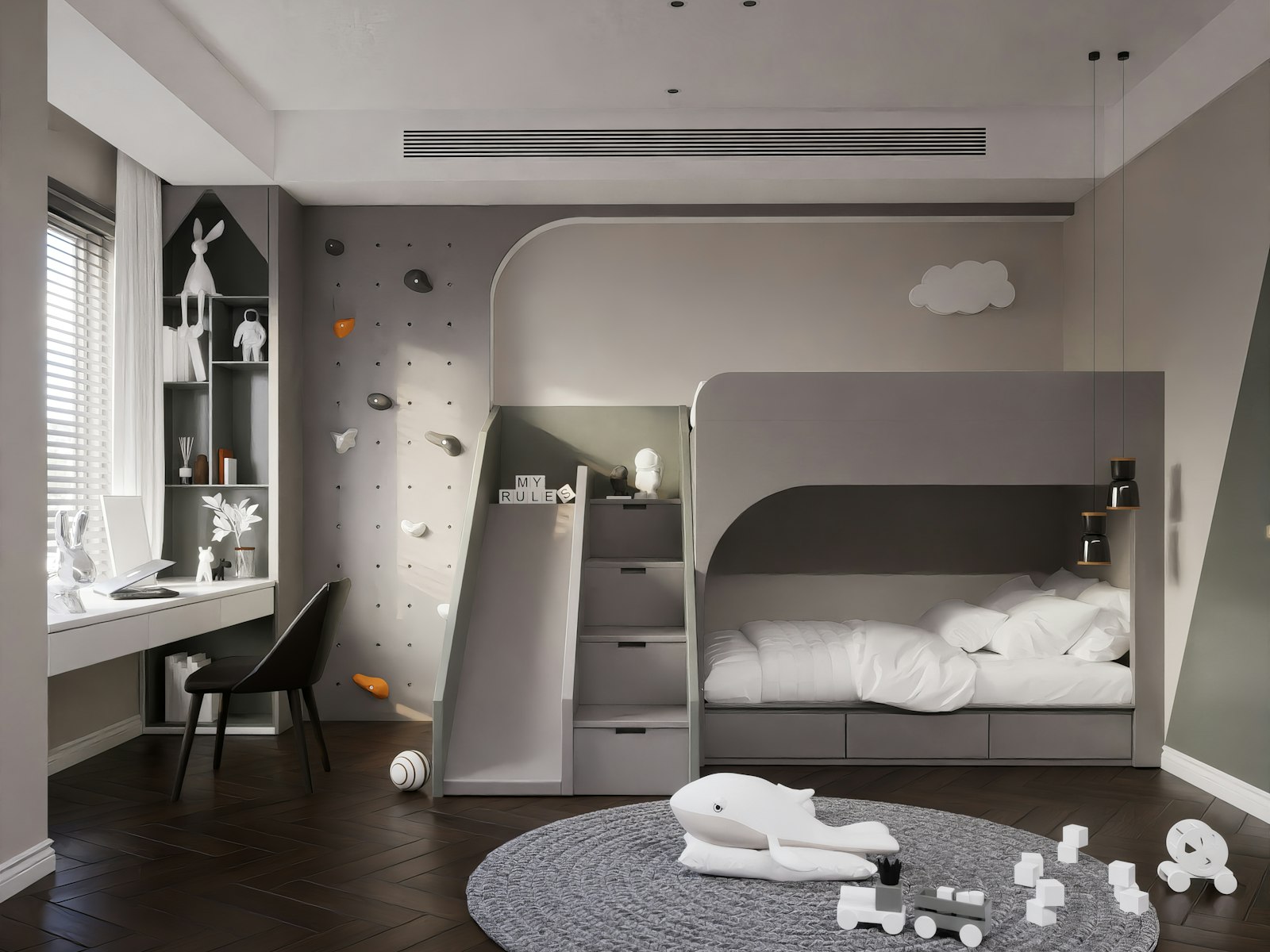 A child's bedroom with a bunk bed and toys