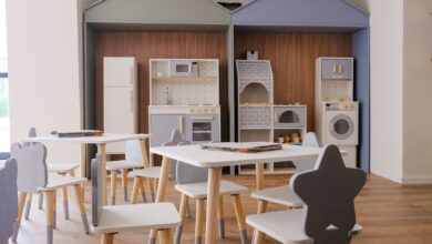 Children's play area with small tables and chairs