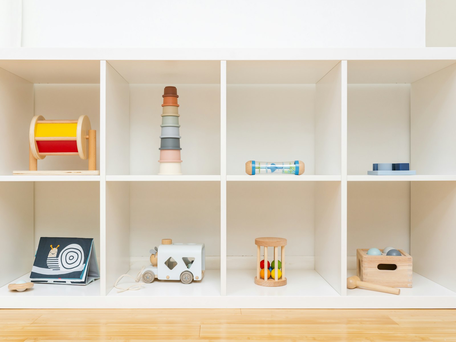 A shelf filled with toys