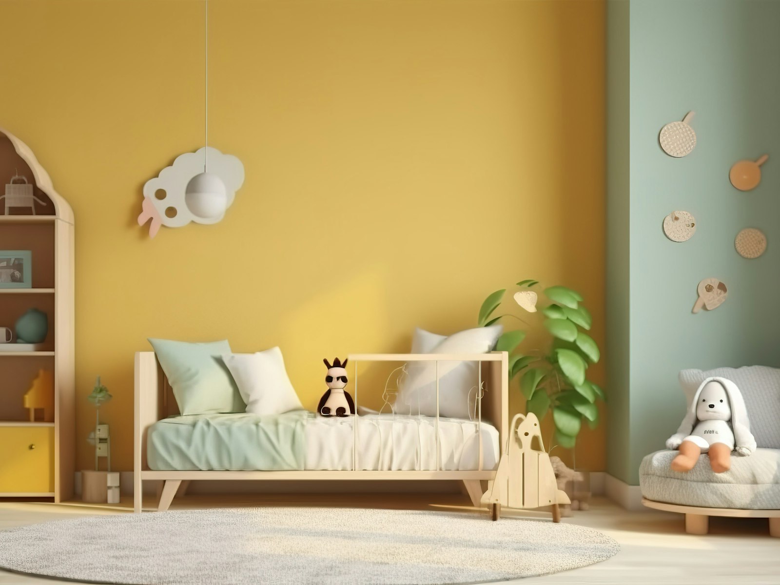 A child's bedroom with yellow walls and a white rug