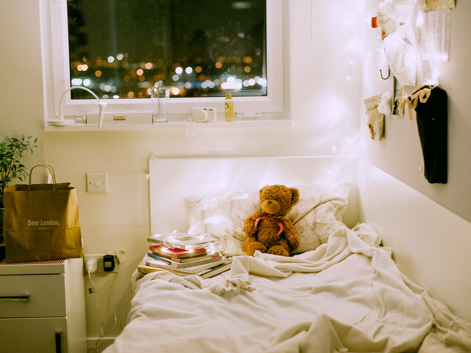 Teddy bear on a bed near the nightstand and window