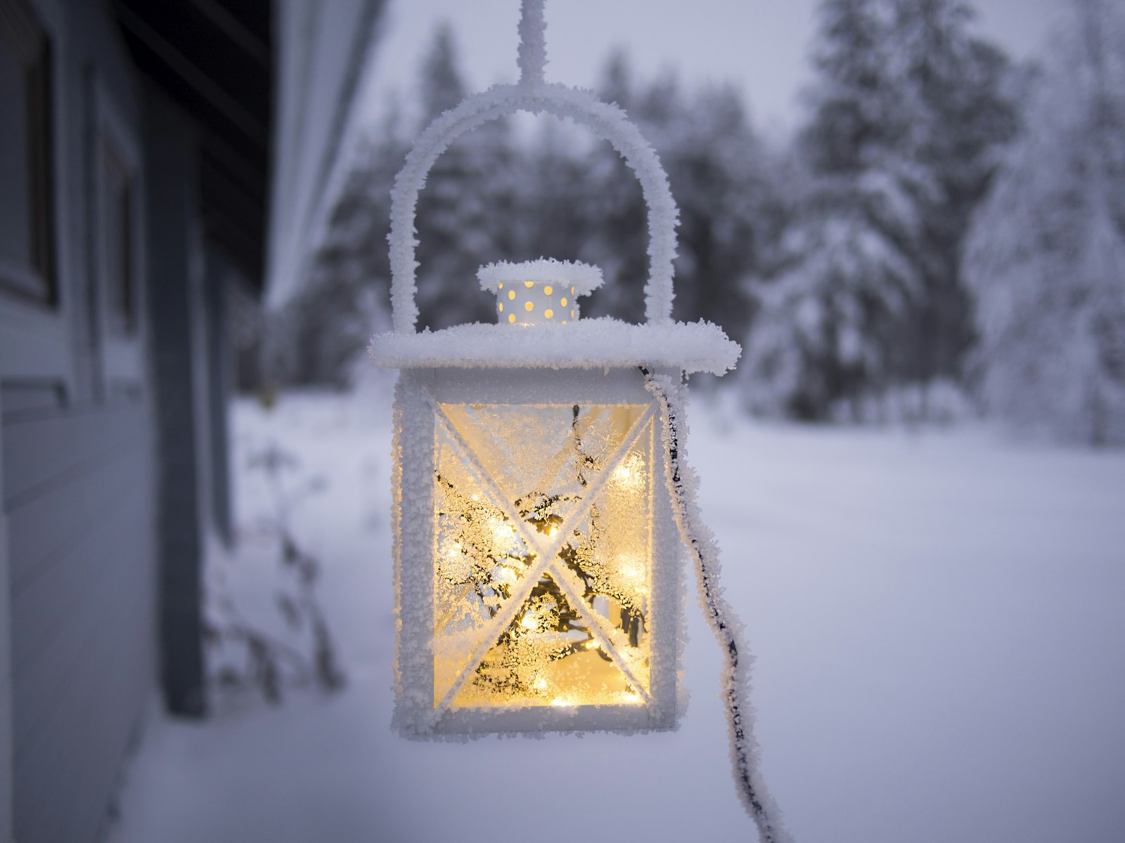 Glowing lantern with fairy lights sitting in the snow