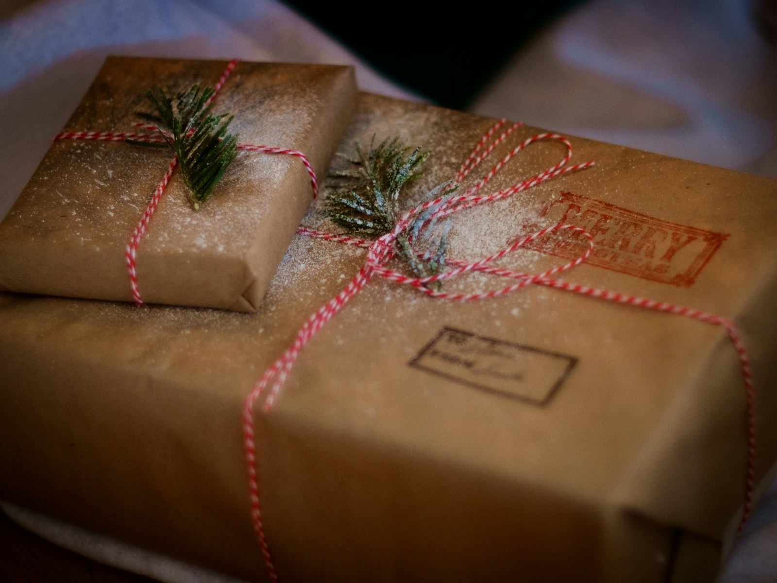 Gift wrapped in kraft paper with twine and a sprig of greenery