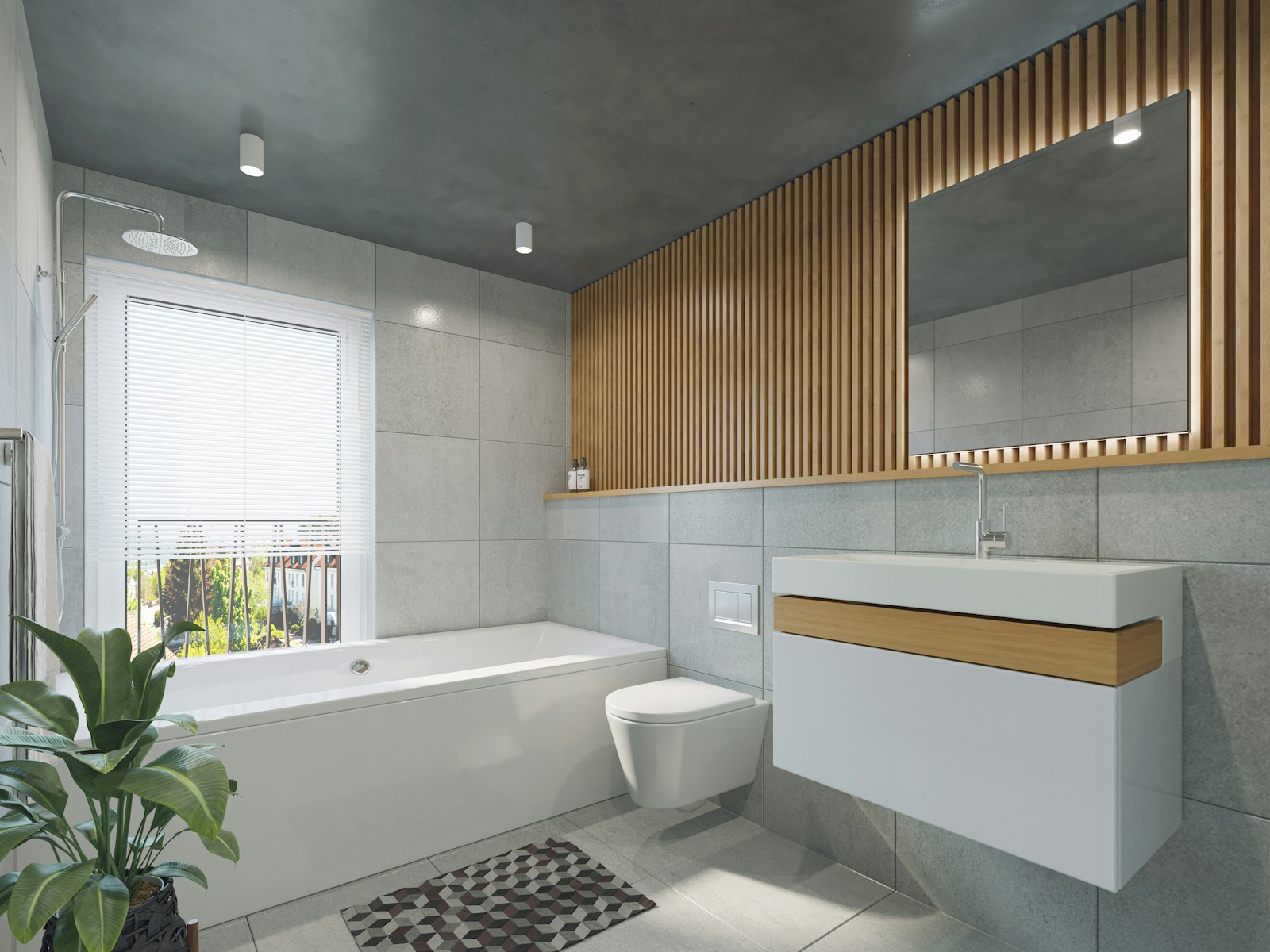 Modern spa-style bathroom with a tub and wood accents