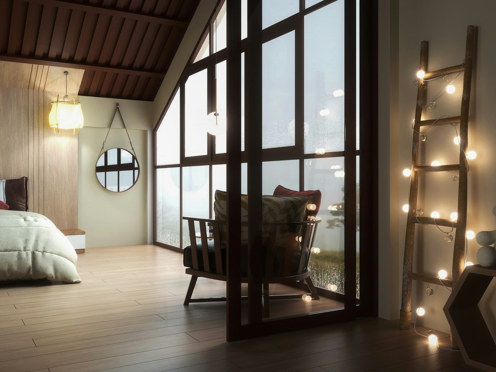 Fairy lights wrapped around a blanket ladder in a cozy bedroom